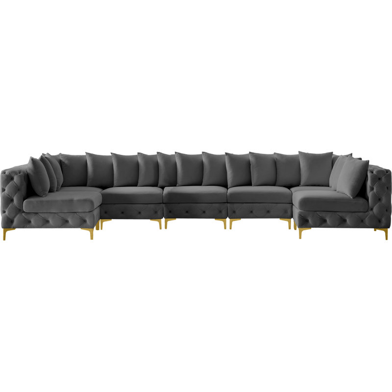 Canapé modulaire en velours réversible de 168 po de largeur, Velours gris, Réversible