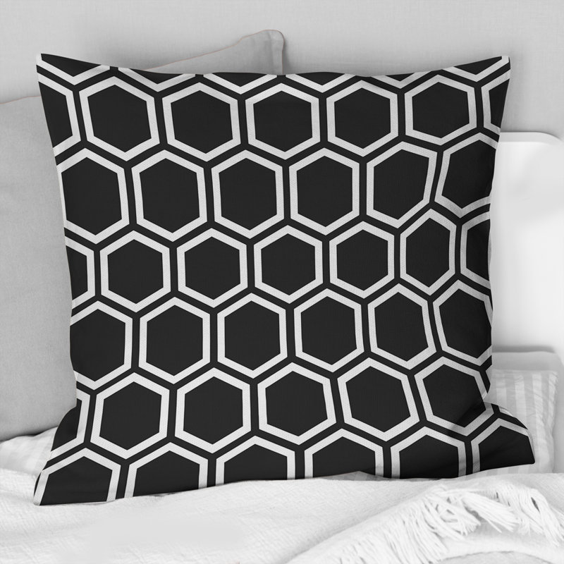 Hexagone noir et blanc - coussin décoratif traditionnel, H 18 po x l 18 po