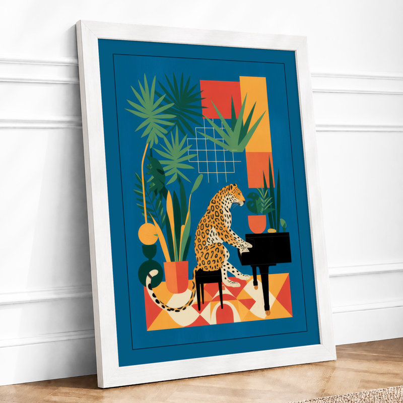 Leopard at the Piano Mid-Century - Framed Print, A4 - 29.7 x 21.0 cm, White