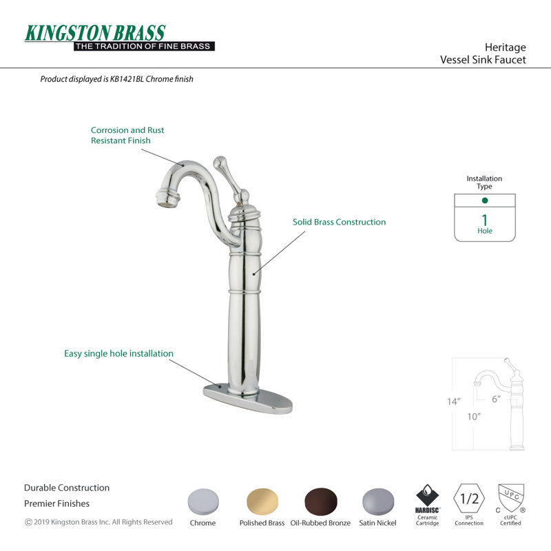Kingston Brass Heritage Single-Handle 1-Hole Deck Mount Vessel Faucet, Polished Chrome