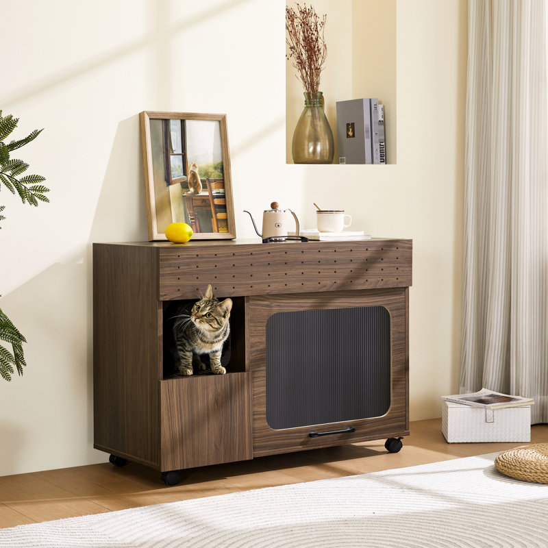 Walnut Cat Litter Box - Practical Design & Spacious For Pet Care With Walnut Sidetable Use