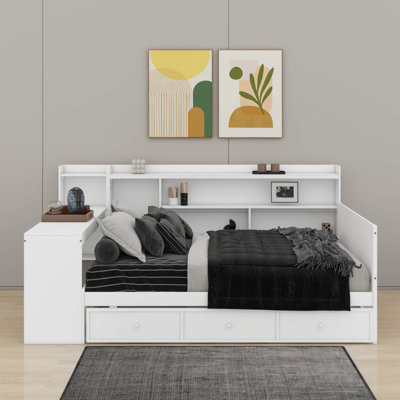 Lit de jour en bois avec 3 tiroirs, ports USB et bureau
