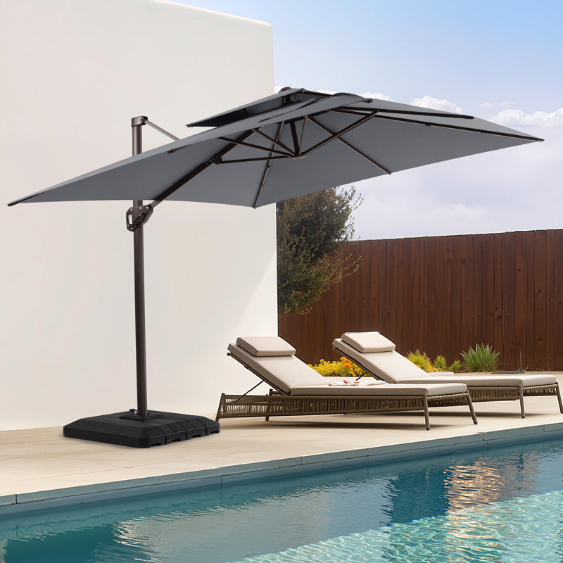 Parasol double déporté de 3,35 m x 2,74 m, base incluse, Gris foncé