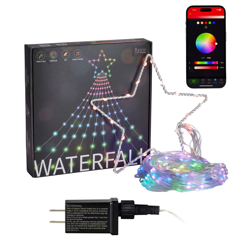 Vivvi App Based Outdoor Waterfall Lights, 11.8 Ft 344 LEDs