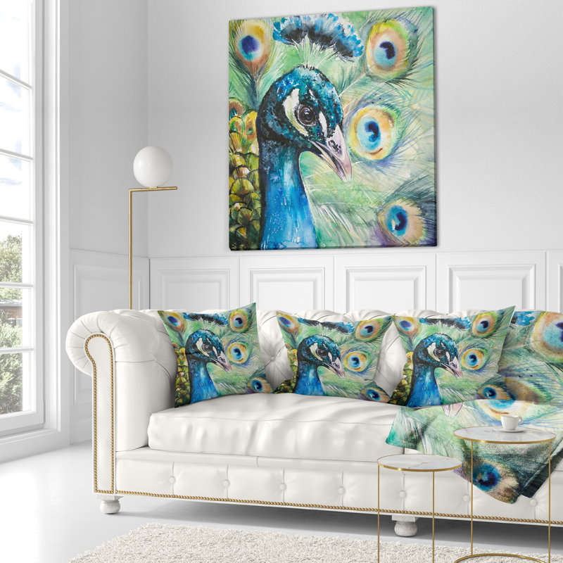Larger Peacock Watercolor - Coussin imprimé animal, 18 po x 18 po, Coussin décoratif