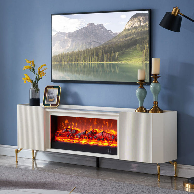 Contemporary Electric Fireplace TV Console, White Ribbed Cabinet with Gold Accents