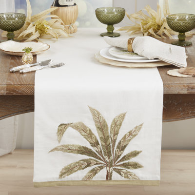 Palm Leaf Embroidered Table Runner – Decorative Botanical Accent for Dining Tables & Consoles, 16"x72"
