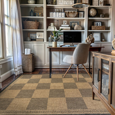 Tapis tissé plat à damier ton sur ton, aspect jute naturel, facile à nettoyer et antidérapant