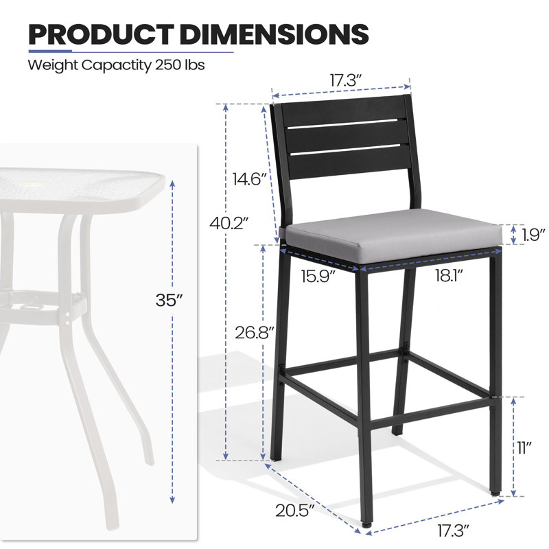 Pershing Metal Outdoor 26.8'' Counter Stool with Cushion, Grey, 4