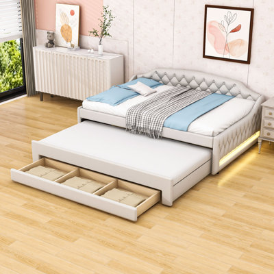 Upholstered Daybed with LED Lighting, Trundle and Three Drawers