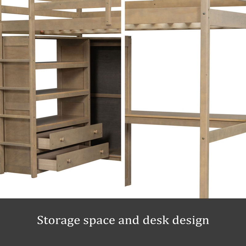 Lit mezzanine double en bois, Noyer