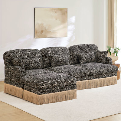 Canapé en L 100 po à imprimé léopard confortable en chenille, bord de pampille délicat, repose-pieds mobile, style moderne, dossier et siège ergonomiques, assemblage facile, siège profond