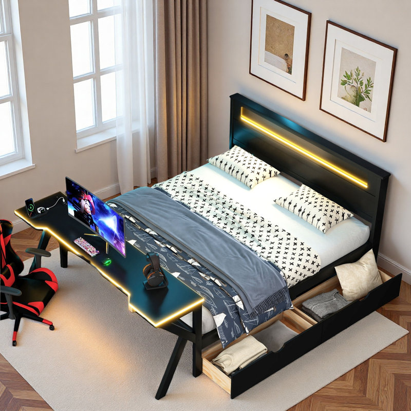Lit plateforme en bois avec tête de lit, bureau à DEL, station de charge et 2 tiroirs de rangement, Lit double