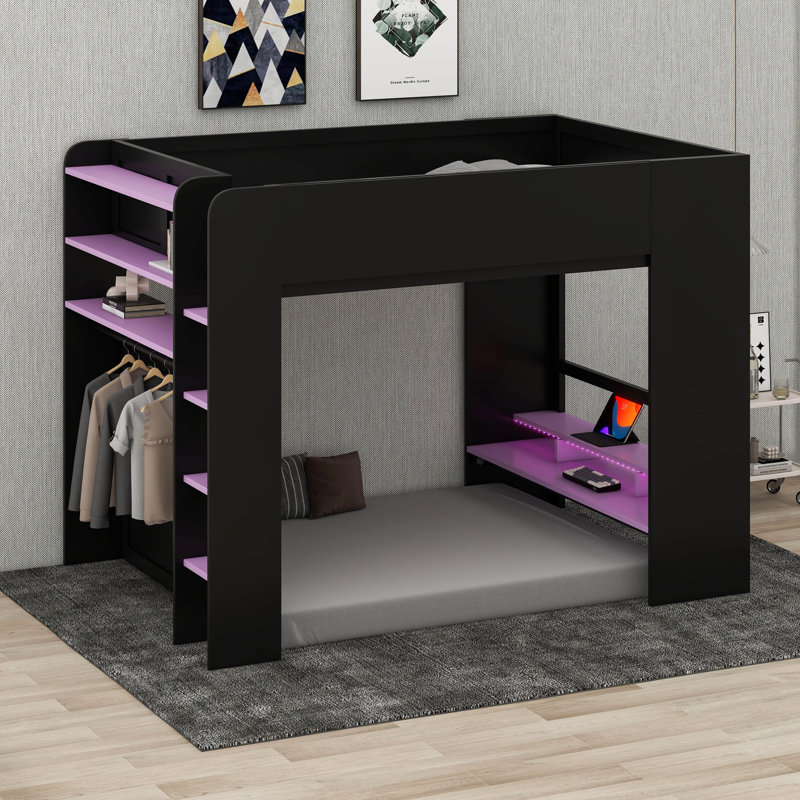 Lit superposé en bois avec bureau réglable en hauteur et garde-robe intégré, cadre de lit mezzanine avec DEL et tablettes de rangement
