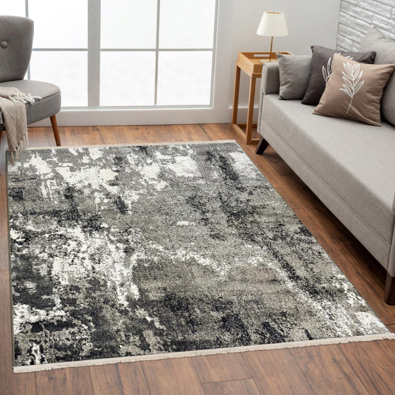 Modern Fringed Abstract Area Rug, Rectangle 5'0.5" x 5'1"