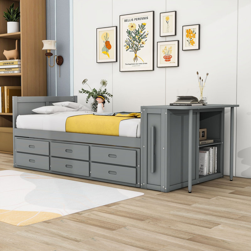  Lit plateforme simple en bois à trois tiroirs avec bureau et lit gigogne intégré Alannis, gris