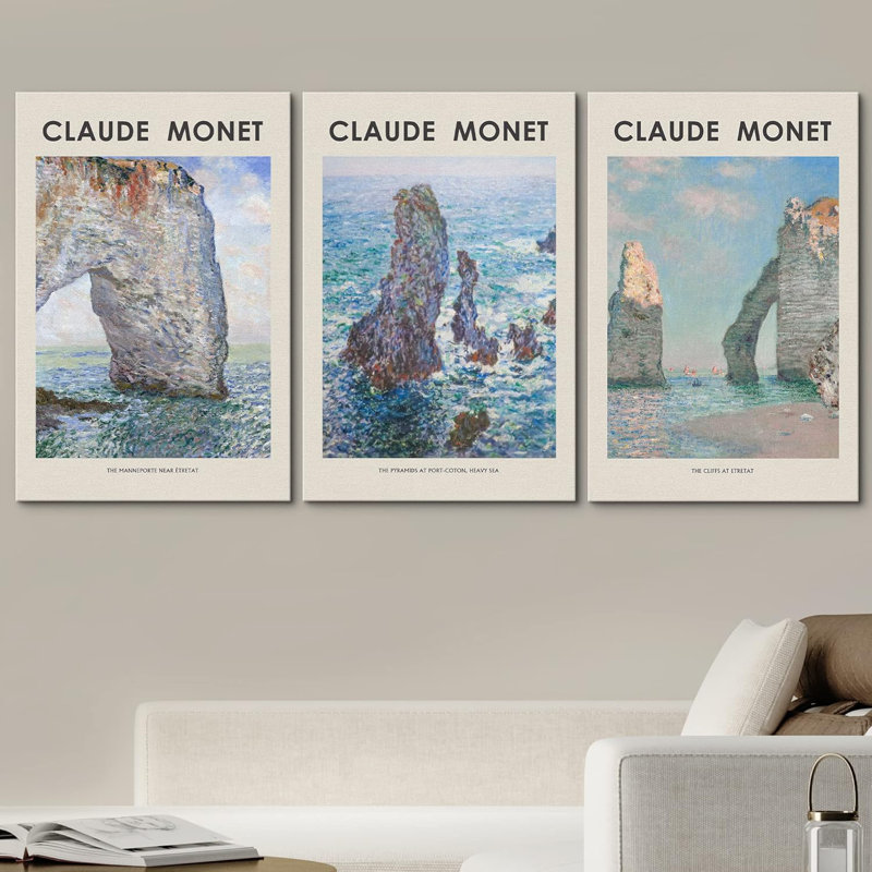 Œuvre d'art classique Beach Cliff In France 3 pièces, Toile tendue, H 24 po x l 16 po x P 1,5 po