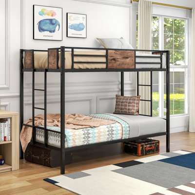 Twin Over Twin Size Metal Bunk Bed With Double Safety Guard Rails, Heavy Duty
