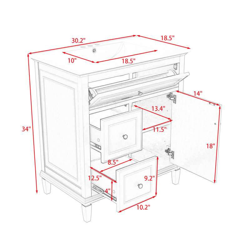 Meuble-lavabo de salle de bain avec lavabo en céramique, tiroir rabattable, deux tiroirs latéraux et tablette réglable, Blanc