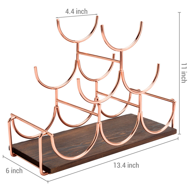 6 Bottle Metal/ Solid Wood Tabletop Wine Bottle Rack in Brown/Rose Gold