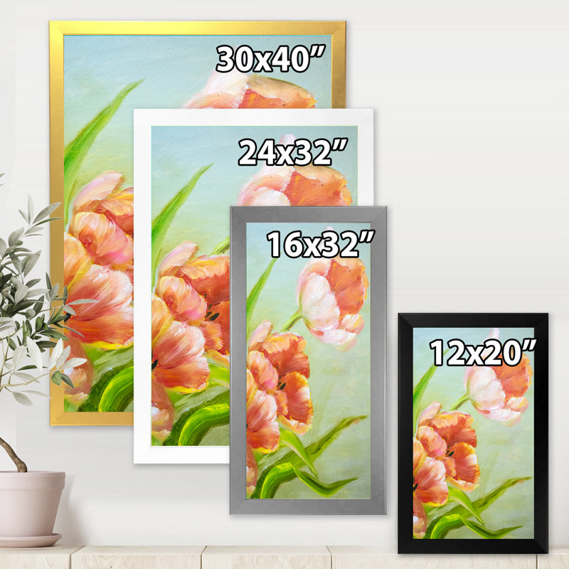 Fleurs de tulipes rouges rétro I - peinture sur toile, Cadre blanc, H 20 po x l 12 po x P 1po