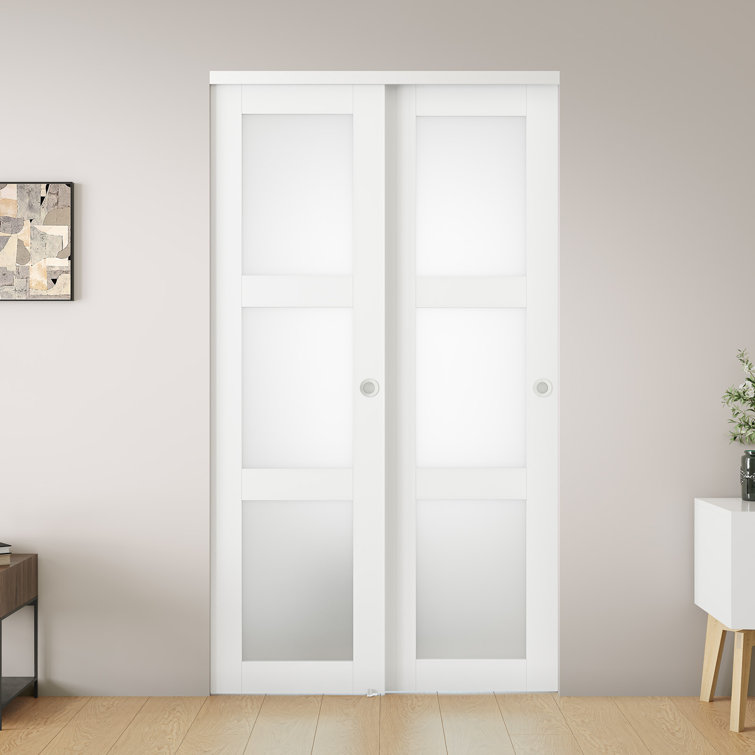 Frosted Glass and Solid Manufactured Wood Sliding Closet Doors with Installation Hardware Kit