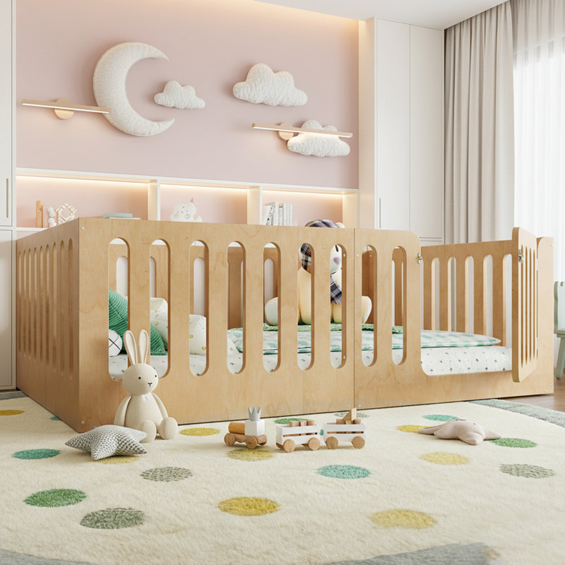 Floor Bed With High Fence For Kids, Solid Wood Montessori Design, No Box Spring Needed, Natural, Full