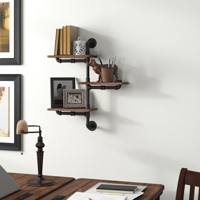 Helbert 3 Tier Staggered Rustic Inductrial Pipe Wall Shelf