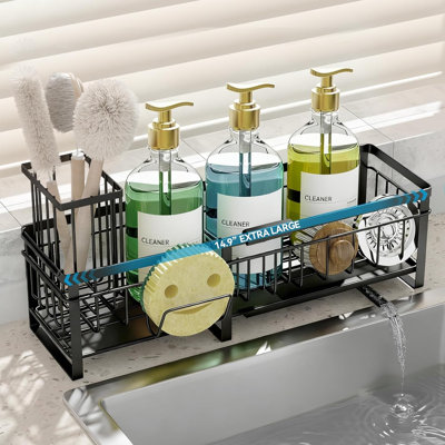 Extra Large Extendable Sponge Holder for Kitchen Sink Caddy Organizer Rustproof Sink Caddy Organizer with High Brush Holder