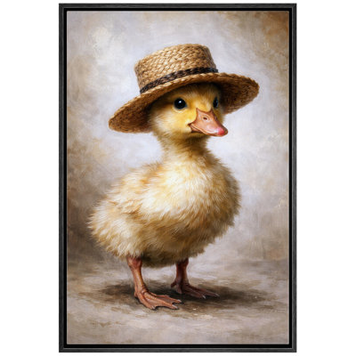 Cute Duckling Wearing Straw Hat Portrait Artwork, Nursery Room Pictures, Framed Canvas Giclee Print Wall Art
