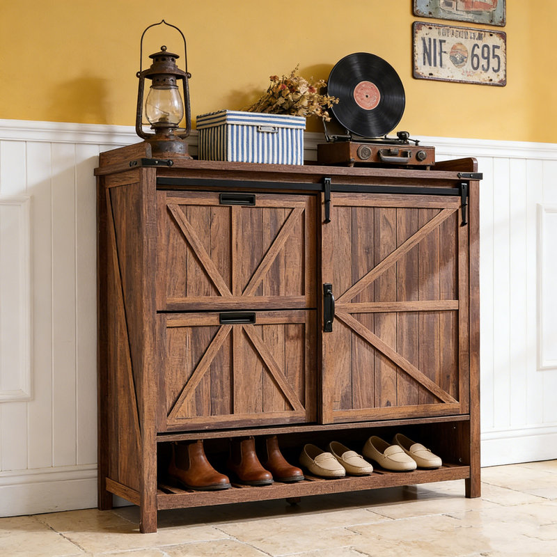 Farmhouse 2 Flip Drawers & Sliding Door Shoe Storage Cabinet – Freestanding Rustic Hidden Shoe Rack Organizer For Entryway