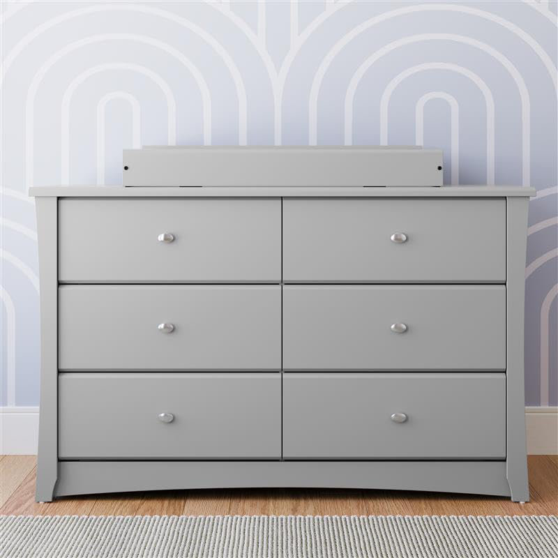 Pebble Gray 6-Drawer Double Nursery Dresser with Metal Knobs