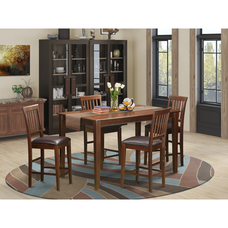 5 Piece Counter Height Dining Table Set Includes a Rectangle Kitchen Table and 4 Faux Leather Dining Chairs, Mahogany