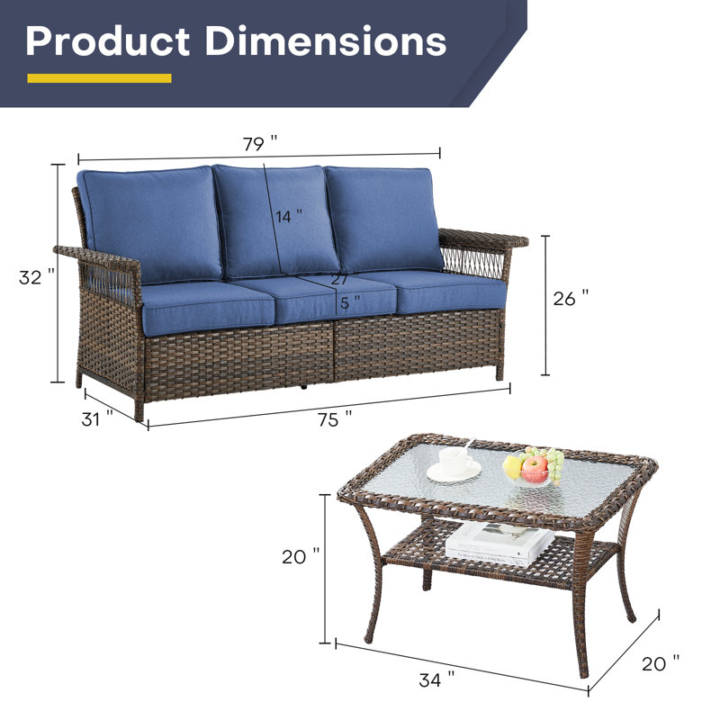 Anferney 79'' Wide Outdoor Patio Sofa with Cushions and Coffee Table, Blue