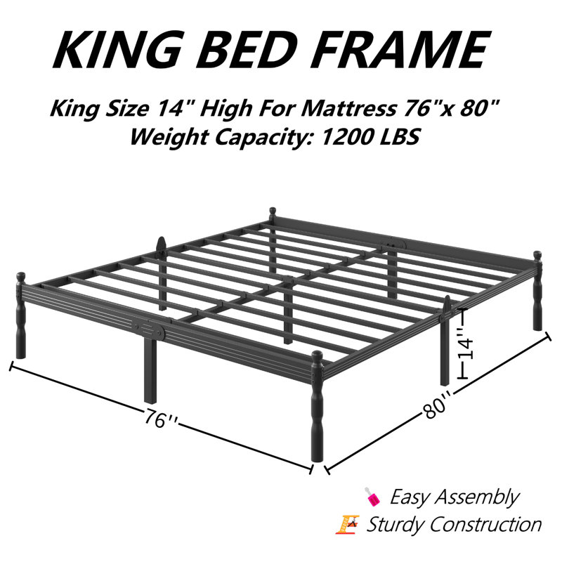 Structure de lit très grand de 14 pouces - plateforme en métal robuste de très grande taille, sans sommier tapissier, robuste, facile à assembler, capacité de 1200 lb, rangement sous le lit, noir