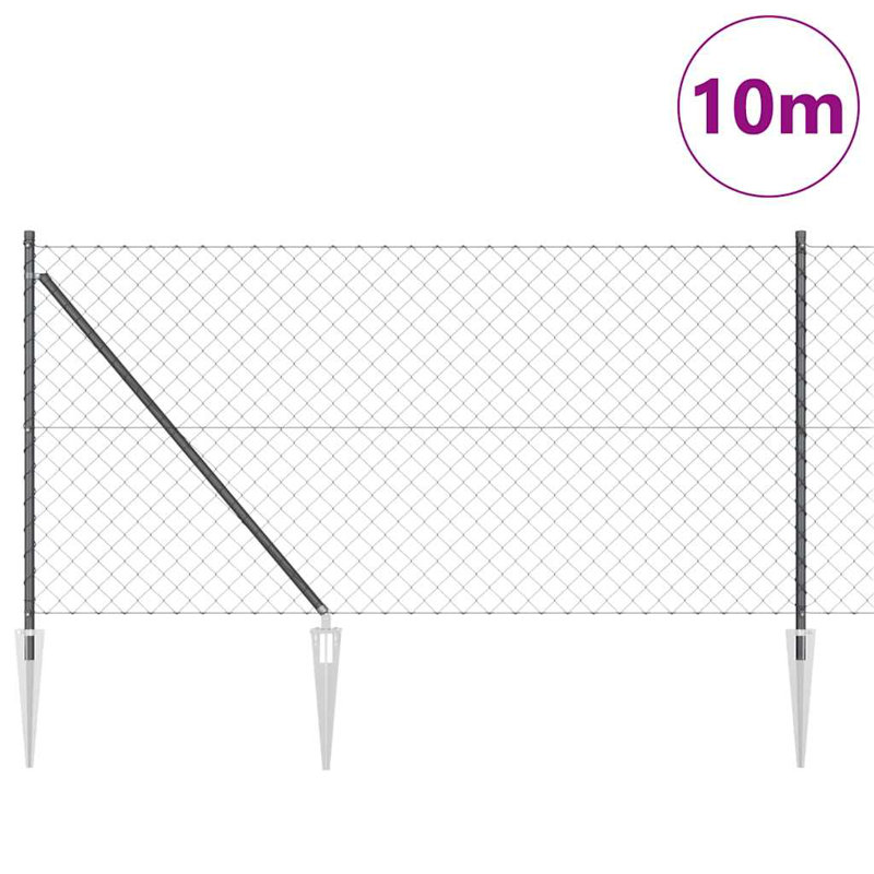 Vidaxl Chain Link Fence With Posts Steel, Grey, 100cm H x 1000cm W x 3.2cm D