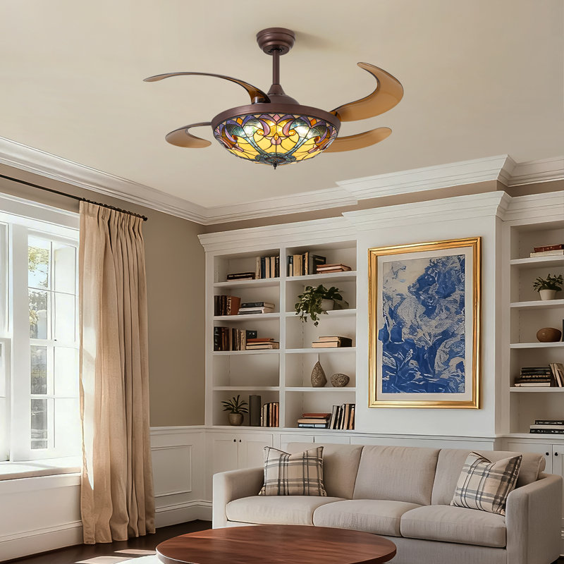 Ventilateur de plafond 48 "en verre coloré avec lumières DEL et télécommande