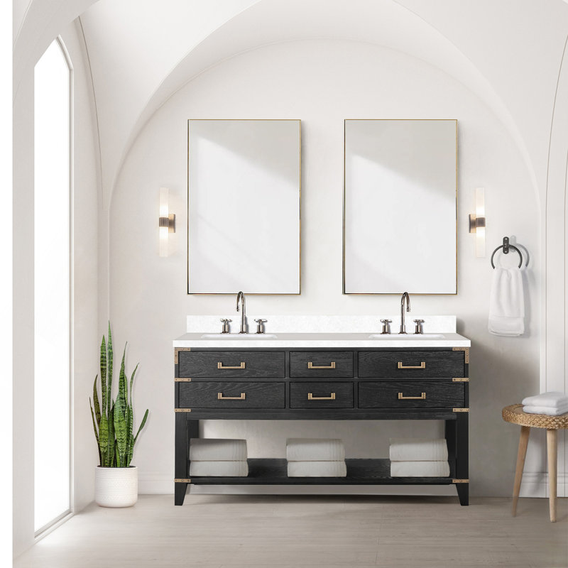 Meuble-lavabo double en chêne noir 60 po X P 22 po D, dessus en quartz blanc et ensemble de robinet