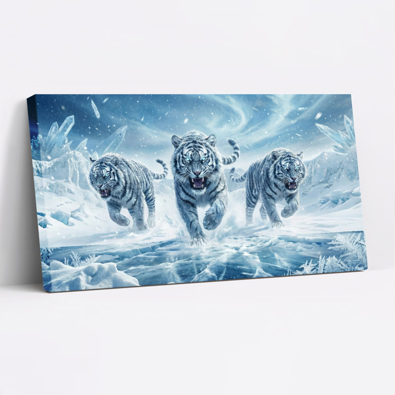 Ensemble de 1 tableau sur toile tendue représentant un tigre blanc dans un paysage enneigé, H 28 po x l 58 po