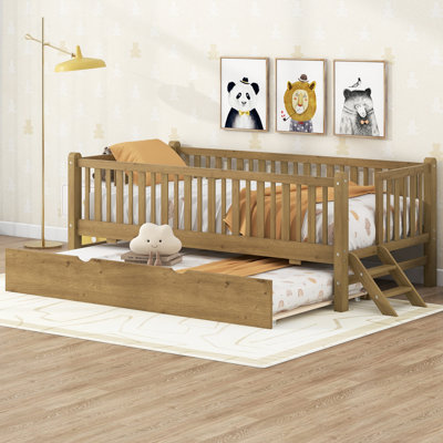 Wood Twin Size Platform Bed with Guardrail and Trundle, Walnut