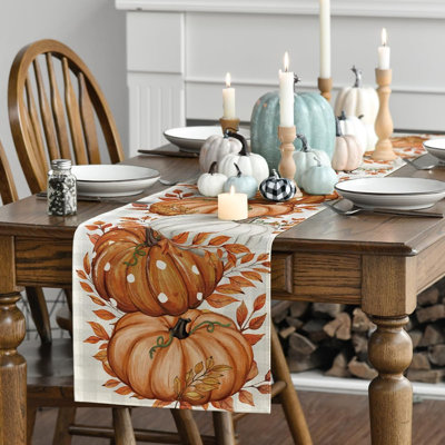 Plaid Orange Pumpkins Eucalyptus Fall Table Runner, Autumn Thanksgiving Kitchen Dining Table Decoration For Home Party Decor 13X72 Inch