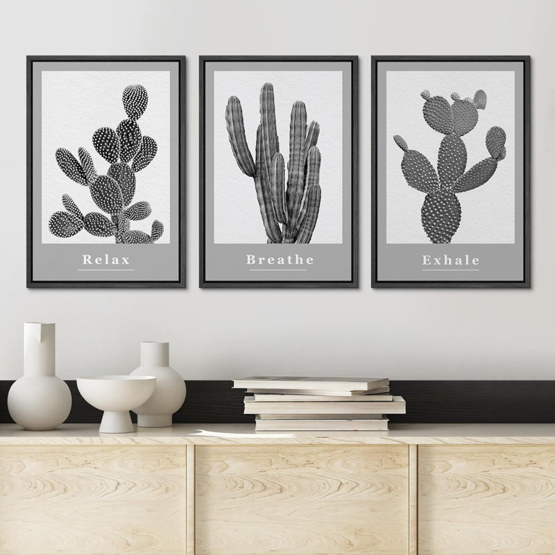 Succulentes de cactus noir et blanc en noir et blanc 3 pièces, Noir, H 36 po x l 24 po x P 1,5 po