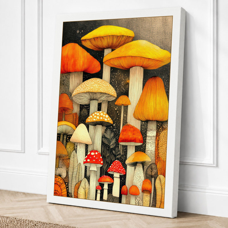 Mushroom Study Botanical 1 Piece Wrapped Canvas Wall Art, 24x16 - 61.0 x 40.6 cm, White Border