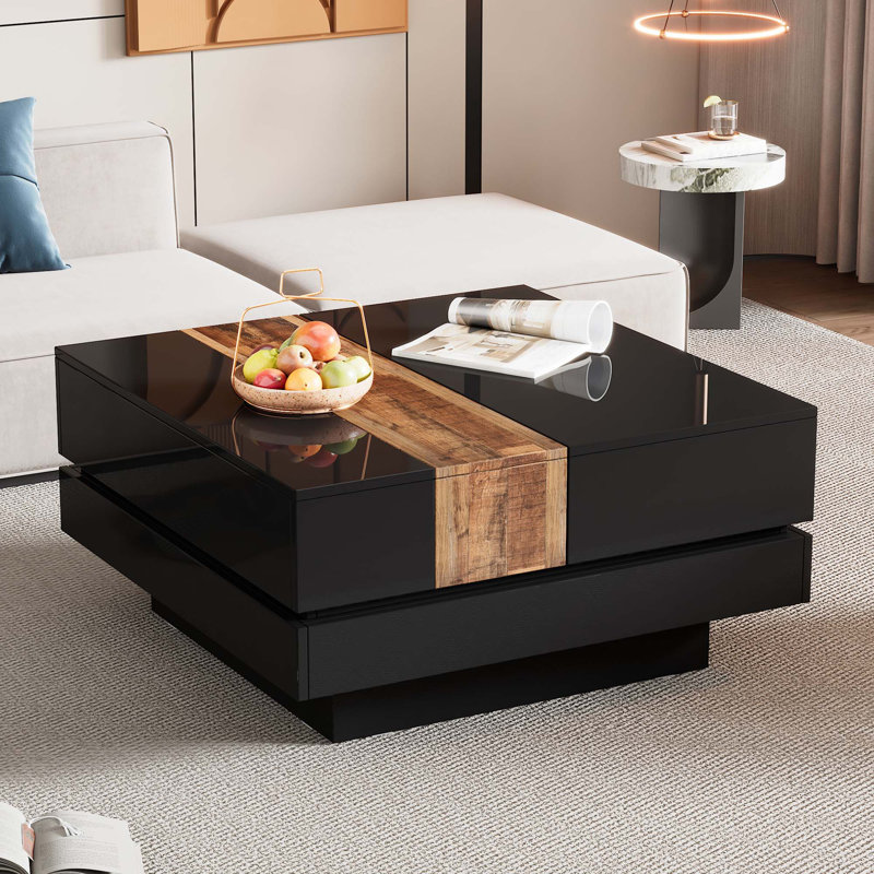 31.4''Square Coffee Table With Sliding Tabletop, High Gloss Centre Table With Hidden Storage Compartment, Black