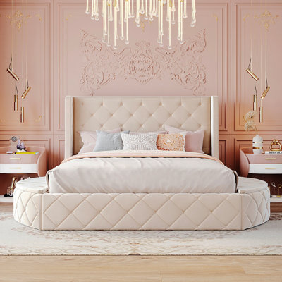Upholstered Platform Bed Queen Size Storage Velvet Bed With Wingback Headboard And 1 Big Drawer,2 Side Storage Stool(Beige)(Old Sku: LP000815AAA)