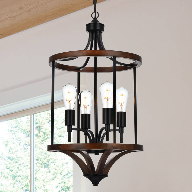 Farmhouse Chandelier 4-Light Rustic Ceiling Light Wood Chandelier With Black Metal Cage Adjustable Height Rustic Pendant Lights For Kitchen Island Dining Room Entryway