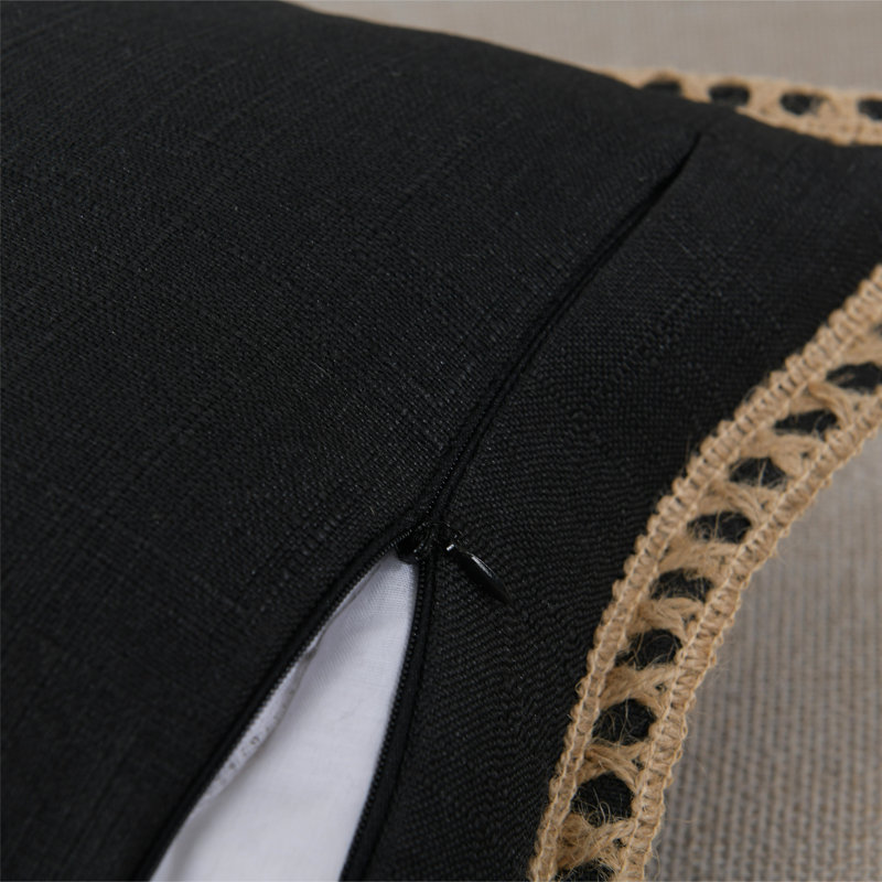 Farmhouse Trimmed Burlap Linen Polyester Pillow Cover, Black, 22"H x 22"W, Square