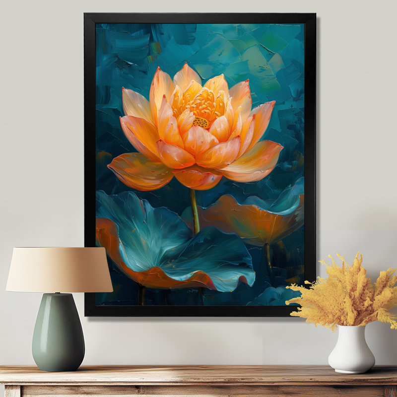 Décoration murale éclatante de lotus orange et bleu III - Lotus, H 44 po x l 34 po x P 1,5 po, Cadre simple noir