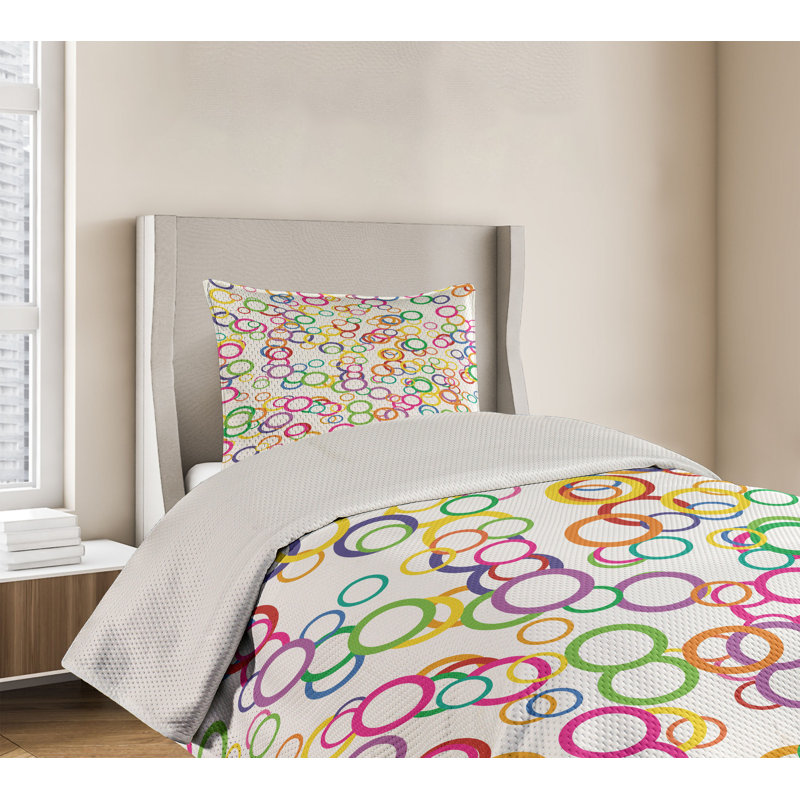 King Size White Quilted Bedspread Set with Colorful Circles