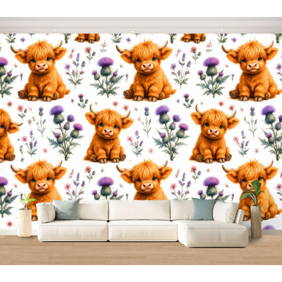 Papier peint adhésif pelez et collez Mignon Highland Cow Orange Fluffy Calves Wildflower Botanical Motifs Papier autocollant amovible pour décoration de salon Chambre à coucher H 100 po x l 144 po